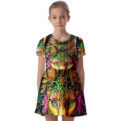 Ai Generated Paisley Pattern Feline Floral Kids  Short Sleeve Pinafore Style Dress by Ravend