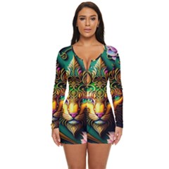 Ai Generated Paisley Pattern Feline Floral Long Sleeve Boyleg Swimsuit by Ravend