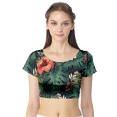 Flowers Monstera Foliage Tropical Jungle Drawing Short Sleeve Crop Top by Ravend