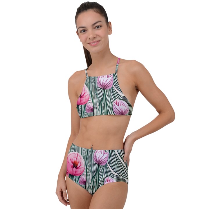 Pure And Radiant Watercolor Flowers High Waist Tankini Set