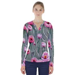 Pure And Radiant Watercolor Flowers V-neck Long Sleeve Top by GardenOfOphir