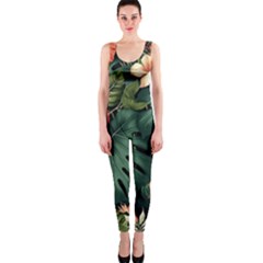 Flowers Monstera Foliage Tropical Jungle Drawing One Piece Catsuit by Ravend