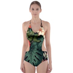 Flowers Monstera Foliage Tropical Jungle Drawing Cut-out One Piece Swimsuit by Ravend