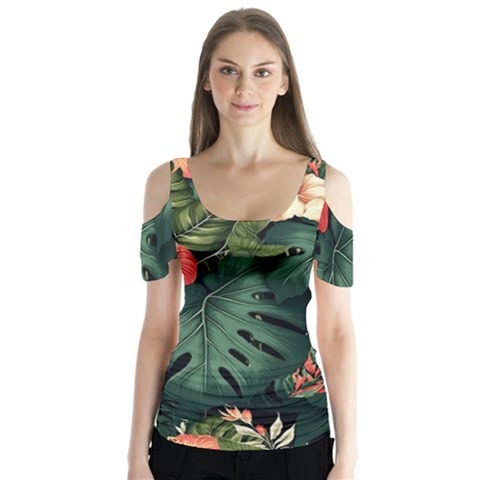 Flowers Monstera Foliage Tropical Jungle Drawing Butterfly Sleeve Cutout Tee  by Ravend