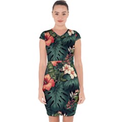 Flowers Monstera Foliage Tropical Jungle Drawing Capsleeve Drawstring Dress  by Ravend