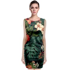 Flowers Monstera Foliage Tropical Jungle Drawing Sleeveless Velvet Midi Dress by Ravend