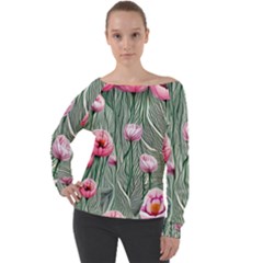 Pure And Radiant Watercolor Flowers Off Shoulder Long Sleeve Velour Top by GardenOfOphir