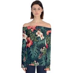 Flowers Monstera Foliage Tropical Jungle Drawing Off Shoulder Long Sleeve Top by Ravend