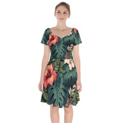 Flowers Monstera Foliage Tropical Jungle Drawing Short Sleeve Bardot Dress by Ravend