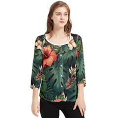 Flowers Monstera Foliage Tropical Jungle Drawing Chiffon Quarter Sleeve Blouse by Ravend