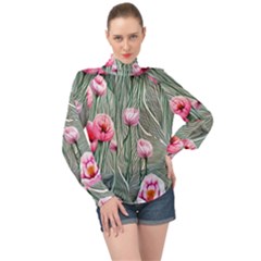 Pure And Radiant Watercolor Flowers High Neck Long Sleeve Chiffon Top by GardenOfOphir