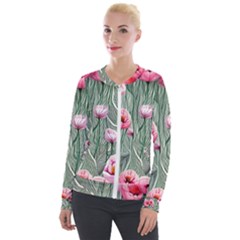 Pure And Radiant Watercolor Flowers Velvet Zip Up Jacket by GardenOfOphir