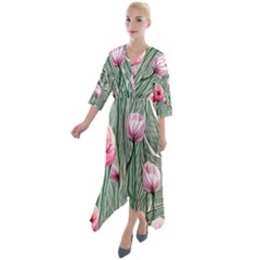 Pure And Radiant Watercolor Flowers Quarter Sleeve Wrap Front Maxi Dress by GardenOfOphir