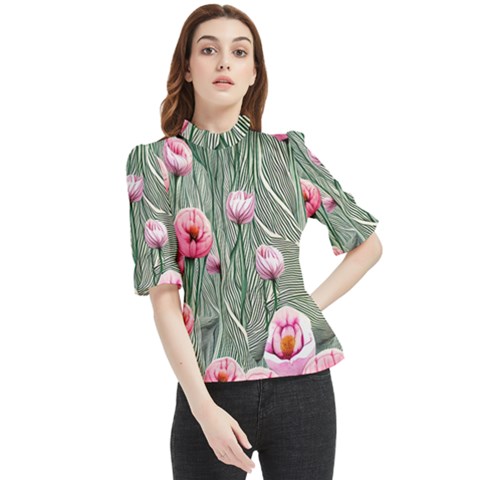 Pure And Radiant Watercolor Flowers Frill Neck Blouse by GardenOfOphir