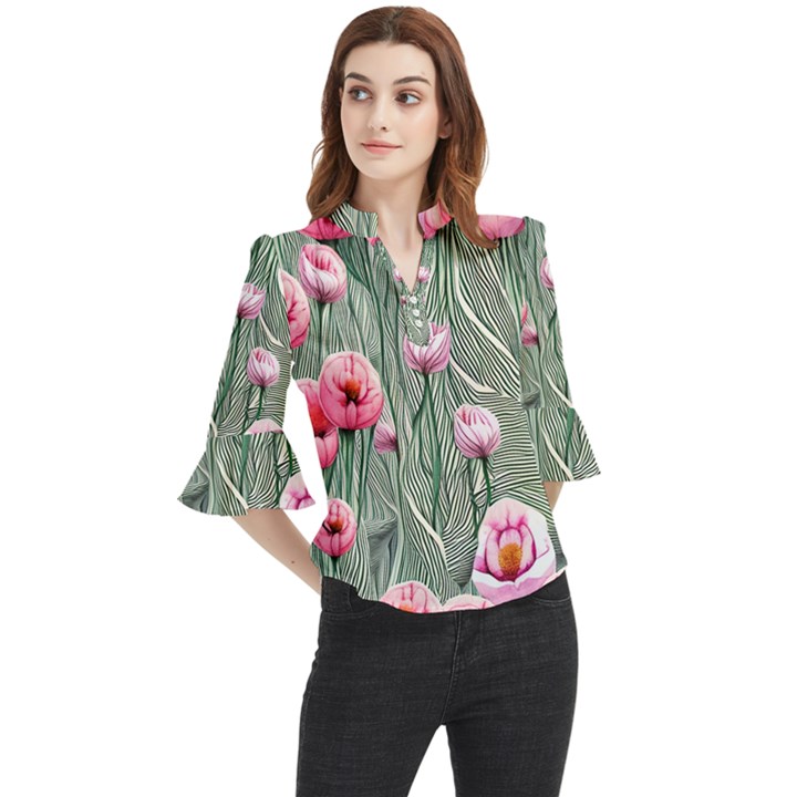 Pure And Radiant Watercolor Flowers Loose Horn Sleeve Chiffon Blouse