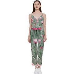 Pure And Radiant Watercolor Flowers V-neck Spaghetti Strap Tie Front Jumpsuit by GardenOfOphir