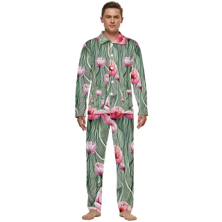 Pure And Radiant Watercolor Flowers Men s Long Sleeve Velvet Pocket Pajamas Set