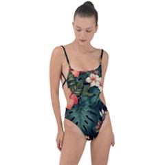 Flowers Monstera Foliage Tropical Jungle Drawing Tie Strap One Piece Swimsuit by Ravend