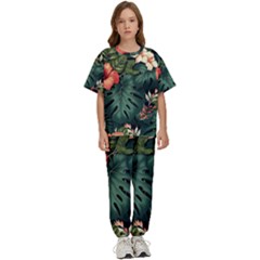 Flowers Monstera Foliage Tropical Jungle Drawing Kids  Tee And Pants Sports Set by Ravend