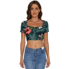 Flowers Monstera Foliage Tropical Jungle Drawing Short Sleeve Square Neckline Crop Top  by Ravend