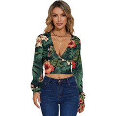 Flowers Monstera Foliage Tropical Jungle Drawing Long Sleeve Deep-v Velour Top by Ravend