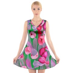 Mysterious And Enchanting Watercolor Flowers V-neck Sleeveless Dress by GardenOfOphir