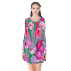 Mysterious And Enchanting Watercolor Flowers Long Sleeve V-neck Flare Dress by GardenOfOphir