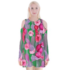 Mysterious And Enchanting Watercolor Flowers Velvet Long Sleeve Shoulder Cutout Dress by GardenOfOphir