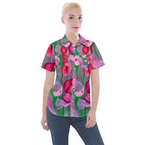 Mysterious And Enchanting Watercolor Flowers Women s Short Sleeve Pocket Shirt by GardenOfOphir