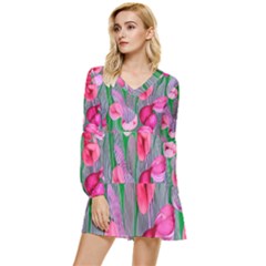 Mysterious And Enchanting Watercolor Flowers Tiered Long Sleeve Mini Dress by GardenOfOphir