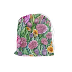 Delicate And Dazzling Watercolor Flowers Drawstring Pouch (large) by GardenOfOphir