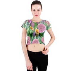 Delicate And Dazzling Watercolor Flowers Crew Neck Crop Top by GardenOfOphir