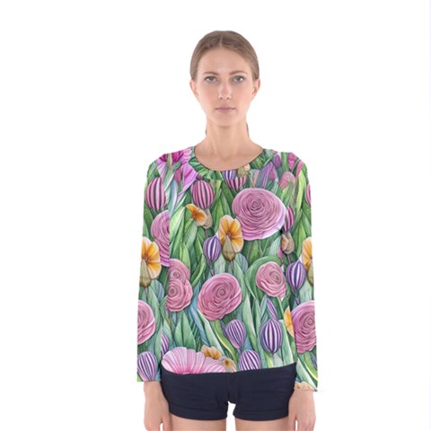 Delicate And Dazzling Watercolor Flowers Women s Long Sleeve Tee by GardenOfOphir