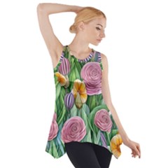 Delicate And Dazzling Watercolor Flowers Side Drop Tank Tunic