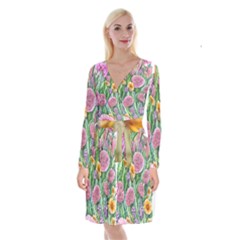 Delicate And Dazzling Watercolor Flowers Long Sleeve Velvet Front Wrap Dress by GardenOfOphir