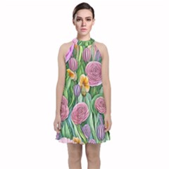 Delicate And Dazzling Watercolor Flowers Velvet Halter Neckline Dress 