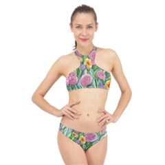 Delicate And Dazzling Watercolor Flowers High Neck Bikini Set by GardenOfOphir