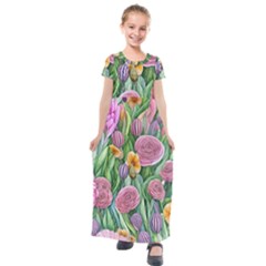 Delicate And Dazzling Watercolor Flowers Kids  Short Sleeve Maxi Dress by GardenOfOphir