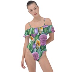 Delicate And Dazzling Watercolor Flowers Frill Detail One Piece Swimsuit by GardenOfOphir