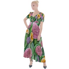 Delicate And Dazzling Watercolor Flowers Button Up Short Sleeve Maxi Dress by GardenOfOphir