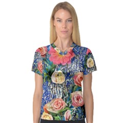 Captivating Watercolor Flowers V-neck Sport Mesh Tee