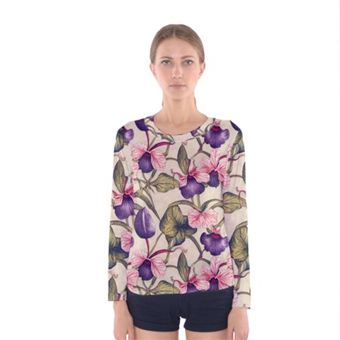 Flowers Pattern Decorative Wallpaper Scrapbooking Women s Long Sleeve Tee by Ravend