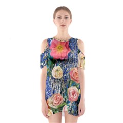 Captivating Watercolor Flowers Shoulder Cutout One Piece Dress by GardenOfOphir