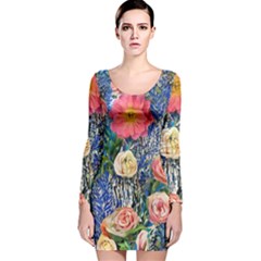 Captivating Watercolor Flowers Long Sleeve Velvet Bodycon Dress by GardenOfOphir