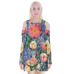 Captivating Watercolor Flowers Velvet Long Sleeve Shoulder Cutout Dress by GardenOfOphir