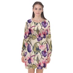 Flowers Pattern Decorative Wallpaper Scrapbooking Long Sleeve Chiffon Shift Dress  by Ravend