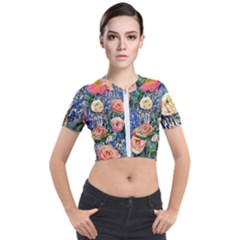 Captivating Watercolor Flowers Short Sleeve Cropped Jacket by GardenOfOphir