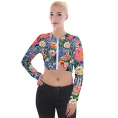 Captivating Watercolor Flowers Long Sleeve Cropped Velvet Jacket by GardenOfOphir