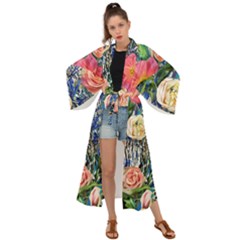 Captivating Watercolor Flowers Maxi Kimono by GardenOfOphir