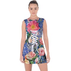 Captivating Watercolor Flowers Lace Up Front Bodycon Dress by GardenOfOphir